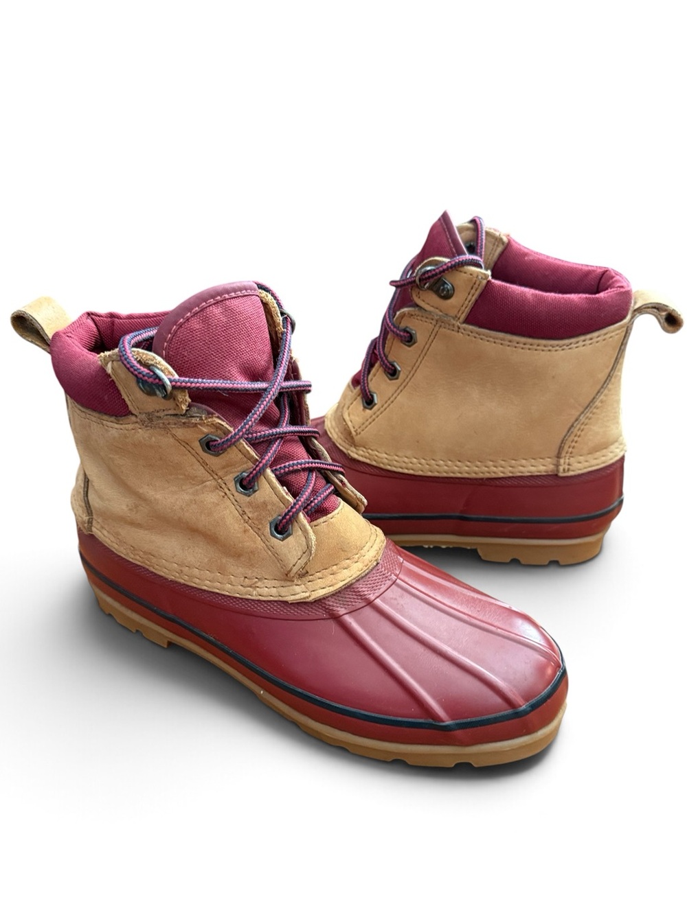 Lands’ End Women’s 9M Waterproof Duck Boots Leather Burgundy Tan Lace Up